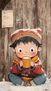 雪中小童暖饮乐悠悠