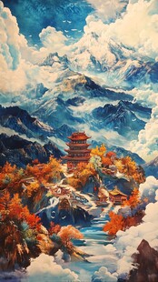 秋景中的山峦与古风楼阁