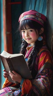 身着民族服饰的读书女孩