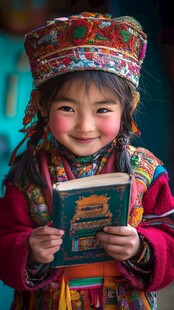 身着民族服饰的读书小女孩
