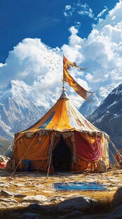 雪山下的彩色帐篷