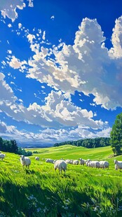 草原牧歌 羊群与蓝天白云