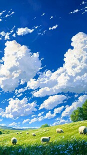 蓝天白云下的牧羊草地