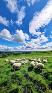 蓝天白云下的牧羊草地