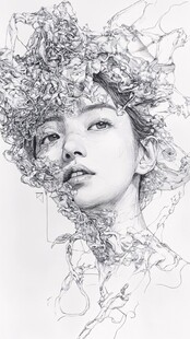 梦幻花卉缠绕的女性素描