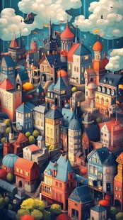 梦幻童话风格的多彩城镇
