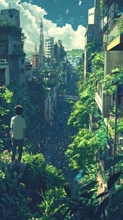 少年眺望绿植覆盖的废城
