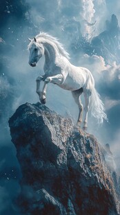 梦幻白马立于岩石之巅