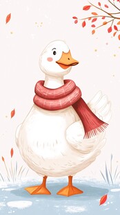 戴围巾的萌鸭在秋日场景中