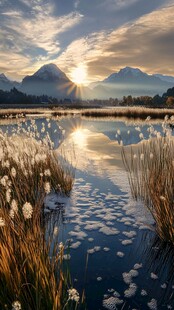 湖畔日出美景 芦苇摇曳生姿