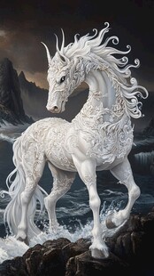 奇幻独角白马踏浪而立