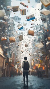 城市中杂物纷飞的奇幻瞬间