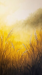 晨雾中的金色芦苇美景