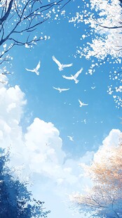 蓝天白云下飞鸟伴繁花