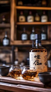 日式清酒摆放在古朴吧台