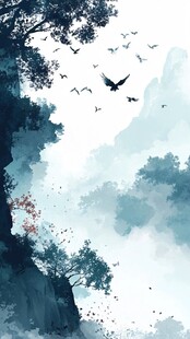 水墨山水间飞鸟伴林景
