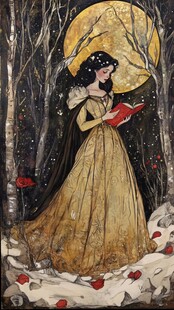 月下金裙女子专注读书