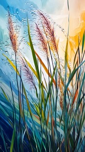梦幻水彩风中的摇曳芦苇