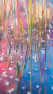 梦幻水畔草尖露珠美景