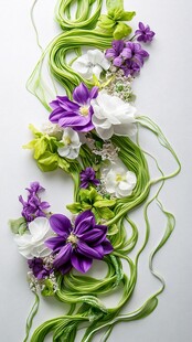 绿丝缠绕间的紫白花卉