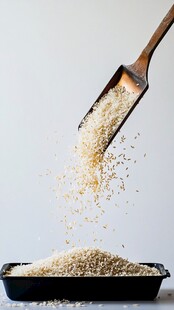 木铲撒落白米的瞬间画面