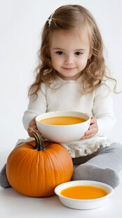 小女孩抱碗与南瓜同框