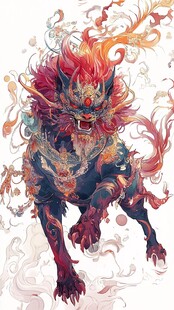 火焰麒麟神兽奇幻插画