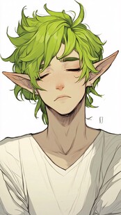 绿发精灵少年闭眼神情忧郁