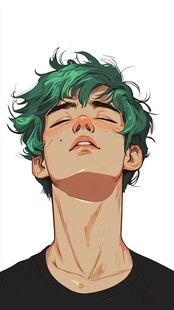 绿发少年闭眼惬意瞬间