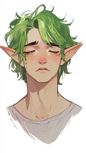 绿发精灵少年的忧郁神情