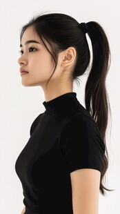 马尾少女黑色上衣侧颜照