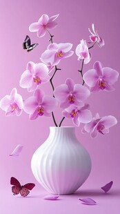 粉紫兰花插瓶蝴蝶相伴