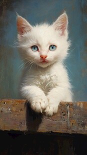 蓝眼小白猫趴木上