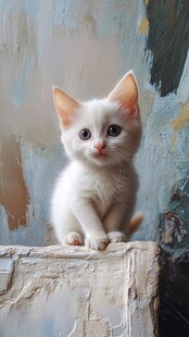 可爱小白猫坐于石台上