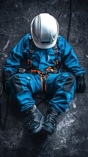 工人身着工装头戴安全帽休息