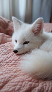 白狐卧于粉毯上