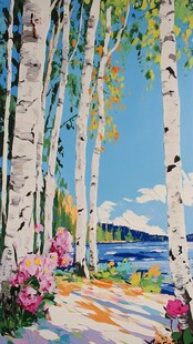 白桦林旁的湖畔烂漫风景