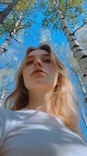 林间女子仰头望蓝天