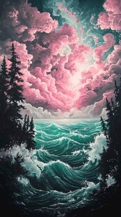 梦幻粉云下的汹涌海洋