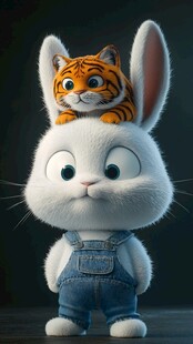 白兔头顶小老虎的可爱画面