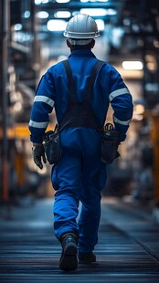 工厂中前行的蓝衣工人