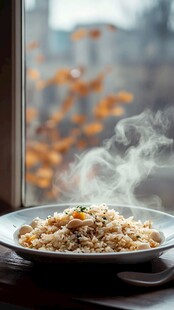 窗边热气腾腾的美味炒饭