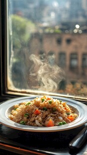 窗边热气腾腾的美味炒饭