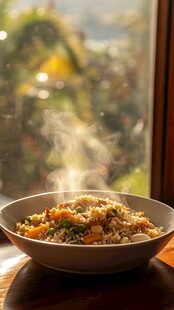 窗边热气腾腾的美味炒饭