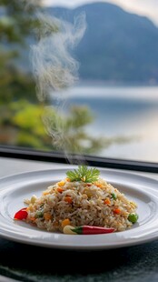 窗边美味炒饭伴湖景