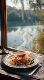 窗边美味炒饭伴湖景