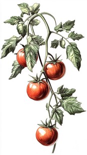 手绘番茄枝上挂着红果