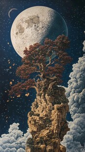 月夜孤松屹立云海之上