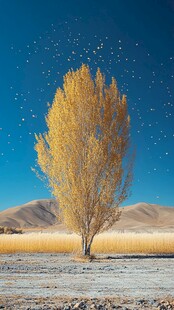 旷野孤树映蓝天秋景