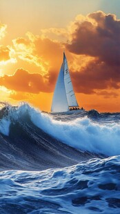 夕阳下帆船破浪前行